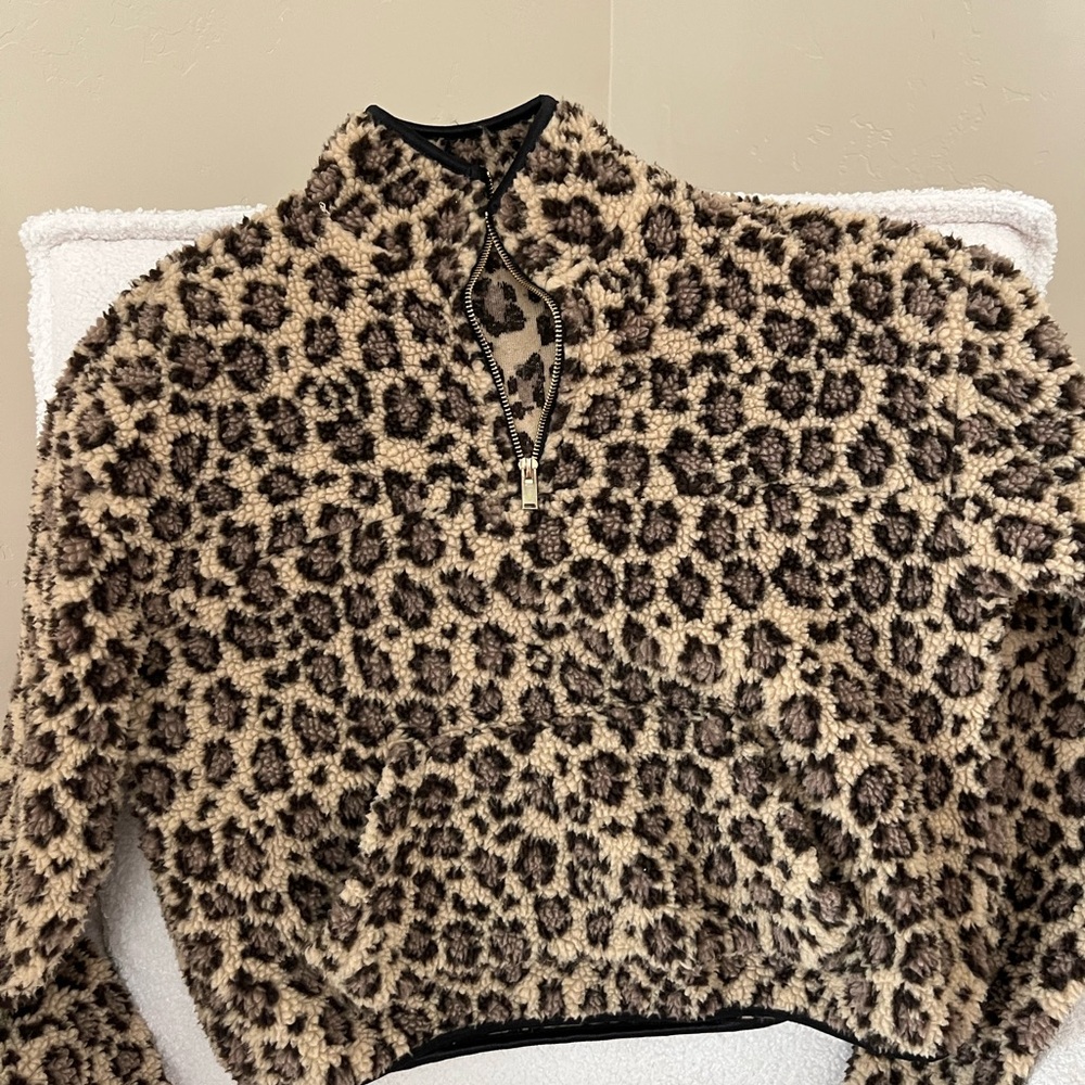 Leopard Print Fuzzy Half-Zip Sweater